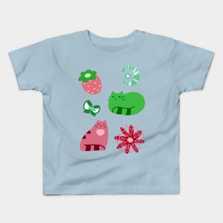 Green and Pink Strawberry Cats Kids T-Shirt